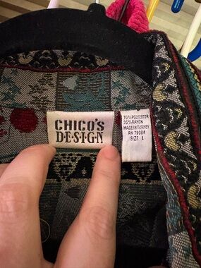 Chico's Multicolor Woven Jacquard Jacket with Teal and Red Accents